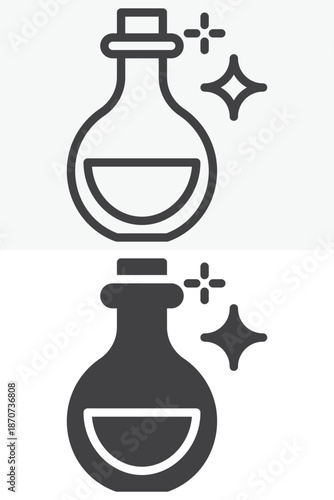 Elixir bottle icon set in line and solid style. Outline and filled vector sign with editable stroke, potion symbol icon for alchemy, magic and fantasy themes.