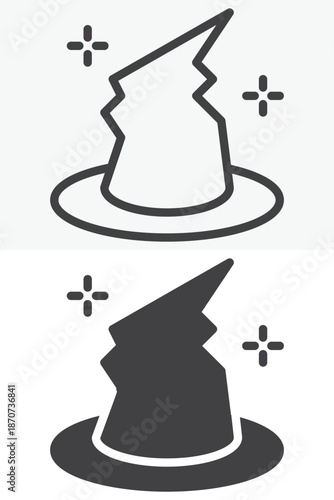 Wizard hat icon set in line and solid style. Outline and filled vector sign with editable stroke, sorcerer symbol icon for magic, spells and fantasy illustrations.