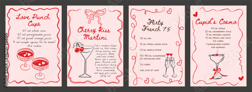 Valentine cocktail recipe card vector set, retro whimsical style with handwritten drinks, cherries, hearts. Printable bar menu or kitchen wall art for Valentine parties, dates, Galentine celebrations.