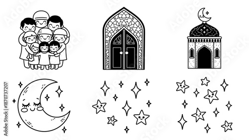 Illustrative line art icon set portraying happy family, mosque, crescent moon, and stars, ideal for cultural celebrations, spiritual events, and festive themed designs