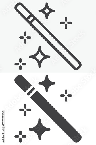 Magic wand with stars icon set in line and solid style. Outline and filled vector sign with editable stroke, spell symbol icon for wizardry and fantasy graphics.