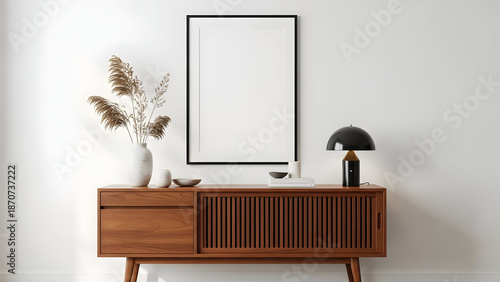 Mid century modern wooden sideboard with decorative items and empty picture frame
