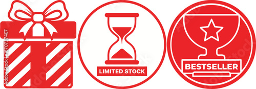 Gift, Limited Stock, and Bestseller E-commerce Promotional Icons.