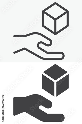Cube levitating above hand icon set in line and solid style. Outline and filled vector sign with editable stroke, power symbol icon for telekinesis and magic.