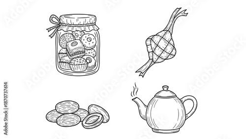 Charming hand-drawn collection of traditional holiday snacks and beverages, featuring a cookie jar, steaming teapot, and festive rice dumplings in a line art style
