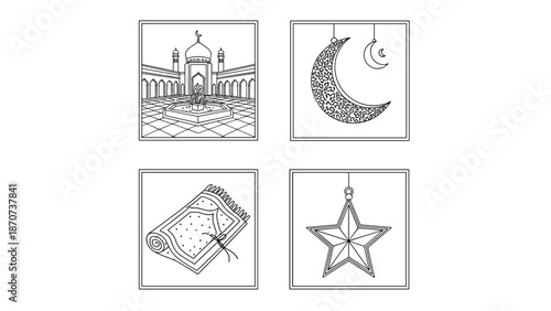 Monochrome line art set of Islamic cultural symbols mosque, crescent moons, prayer mat, star lantern. Ideal for designs celebrating faith, tradition, and spirituality