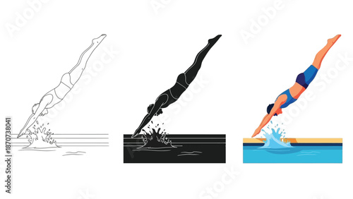 Set of three illustrations of a mountain biker riding downhill, showing line art, silhouette, and fullcolor polygon style graphics