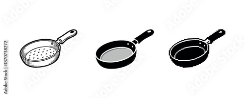 Diverse pan illustrations: retro, modern, pixel art styles of cooking pots