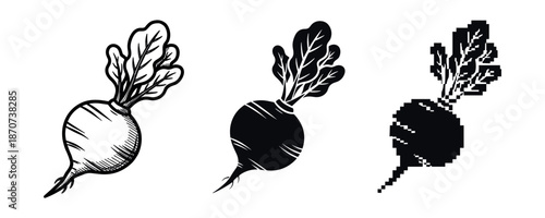 Black and white beetroot illustrations: vintage, silhouette, pixelated styles
