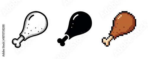 Trio of chicken drumstick illustrations in vintage, silhouette, and pixel styles