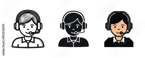 Diverse male customer service representatives with headsets in various artistic styles
