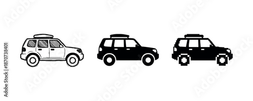 Evolution of suv car design in modern, silhouette, and pixel art styles