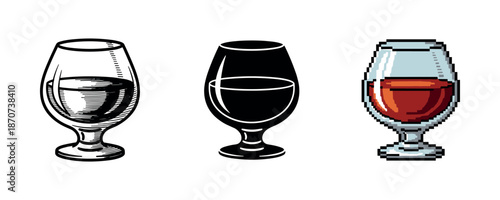 Three brandy glasses: sketch, silhouette, pixel art styles on white background