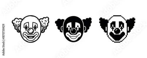 Three clown faces in black and white: cartoon, silhouette, and pixel art styles