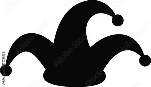 Black jester hat silhouette icon representing carnival, joker costume, comedy entertainment and party festive symbol for celebration graphics