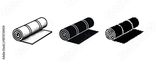 Set of three yoga mats in different artistic styles on white background