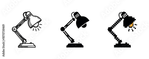 Evolution of desk lamp design from hand-drawn to pixel art and minimalist styles