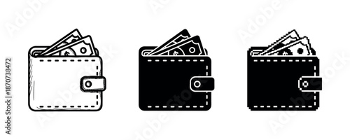 Set of wallet icons with cash: outline, silhouette, and pixelated styles