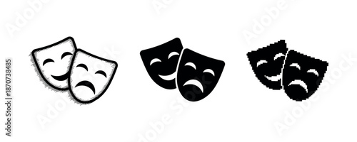 Set of three theater comedy and tragedy masks with different styles