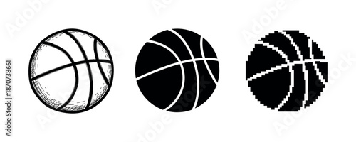 Basketball icon set: sketched, solid, pixel styles on white background