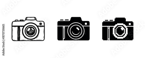 Three styles of camera icons: hand-drawn, silhouette, pixelated