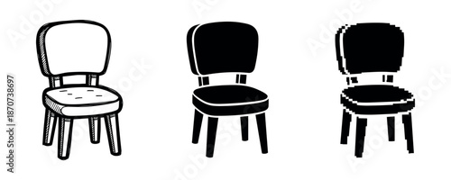 Three artistic renderings of chairs in different styles: sketch, solid, pixelated