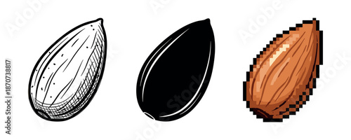 Artistic almond depictions: outline, silhouette, and pixelated versions on white background