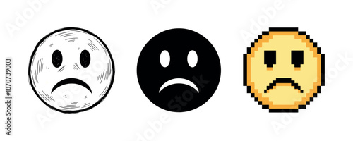 Three sad faces: sketch, solid black, pixel art emoticons on white background