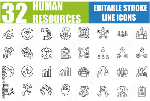 Human Resources Icon Set - Recruitment, Hiring, Business, Team Management, Payroll, Benefits, Talent Acquisition, Onboarding, Interview, Employee Relations, Diversity & Inclusion and More - Editable S