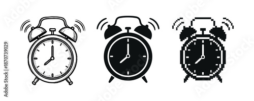 Three alarm clock designs: vintage, minimalist, pixel art