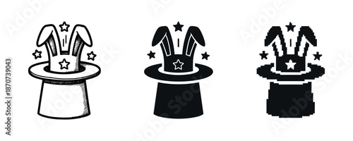 Magic hat icon set with bunny ears and stars in three styles