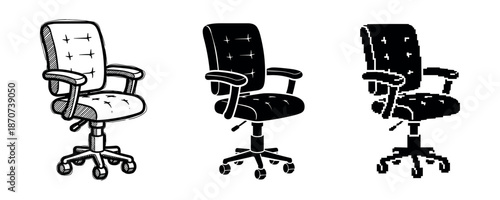 Set of three office chairs in line art: sketch, solid, and pixel styles
