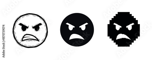 Three versions of angry face: sketch, solid, pixelated icons on white background
