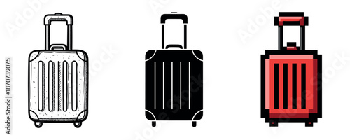 Three styles of suitcases: sketch, solid, and pixel art designs on wheels