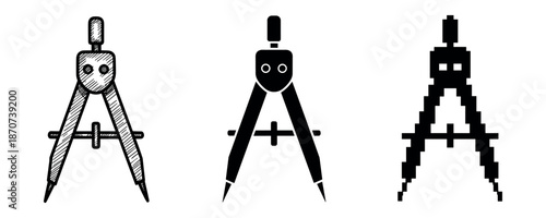 Three depictions of compass tools: sketched, solid, and pixelated designs