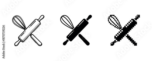 Rolling pin and whisk icon variations in line, solid, and pixel styles