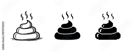Trio of steaming poop emojis: sketch, solid, pixel variations