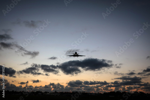 Arriving plane by twilight, George Town, Grand Cayman