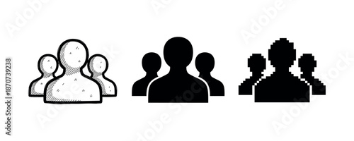 Diverse group icon in sketch, solid, and pixel art styles