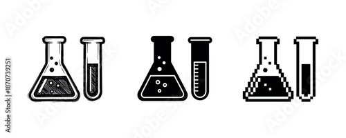 Set of black and white chemical beakers and test tubes in various styles