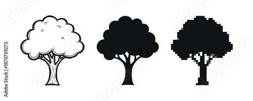 Three artistic tree designs: sketch, silhouette, and pixel art on white background