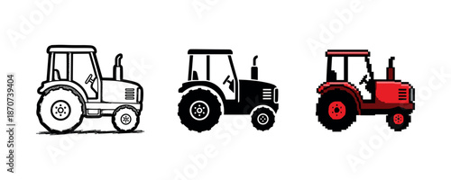Evolution of tractor design: sketch, silhouette, and pixel art in red and black
