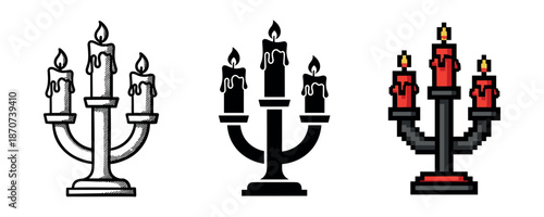 Vintage and pixel art candelabra trio with lit candles