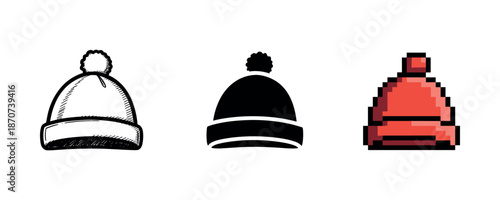 Three styles of winter beanies: sketch, silhouette, pixel art