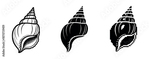 Set of three black seashell designs: detailed, silhouette, pixelated