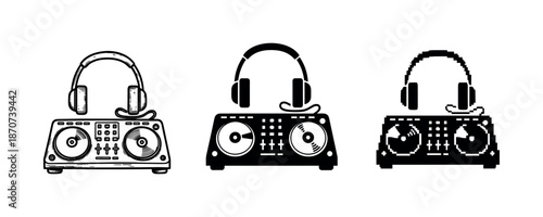 Retro dj equipment: three variations of turntables with headphones
