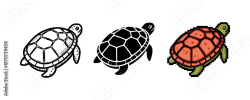 Three turtles in line art, silhouette, and pixel art styles