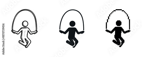 Jumping rope figure icons: sketch, solid, pixel art styles