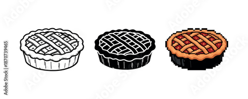 Three versions of pie sketch: black and white, negative, color