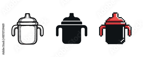 Three sippy cups in sketch, solid, and pixel art styles